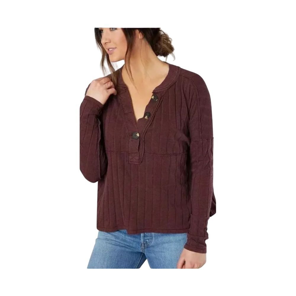 Free People Burgundy‎ Ribbed Henley Top Button Front Casual Knit Blouse